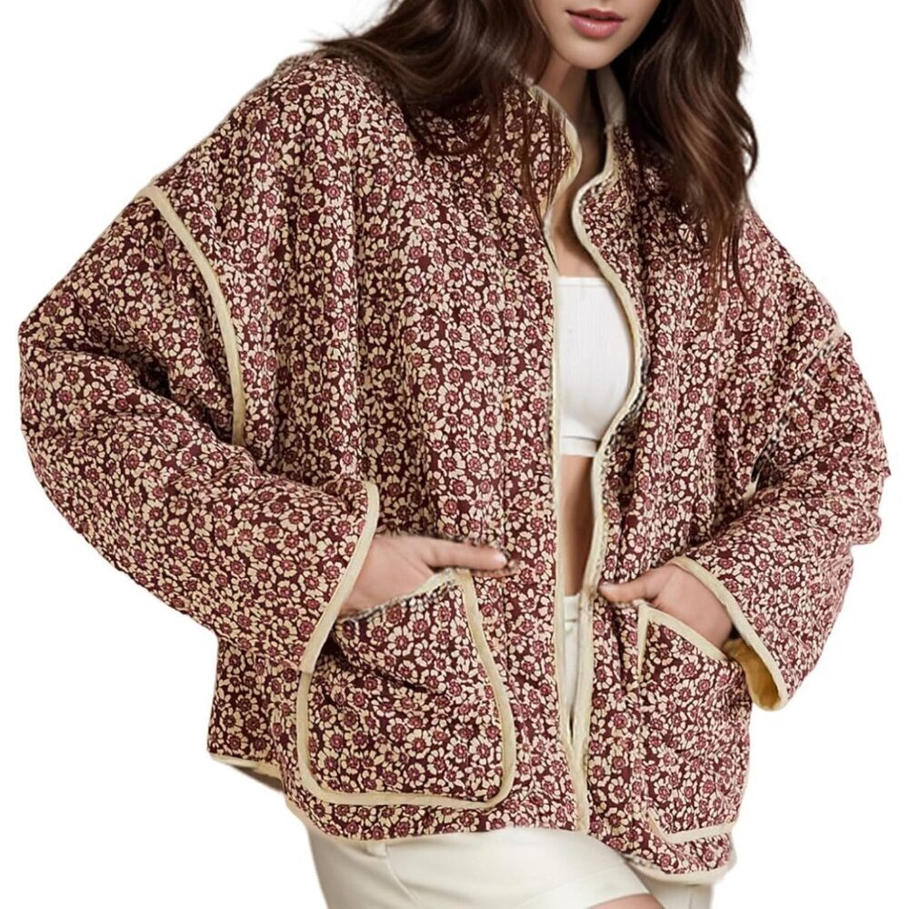 🆕Women’s Red Cropped Puffer Quilted Jacket Floral Print Lightweight Coat